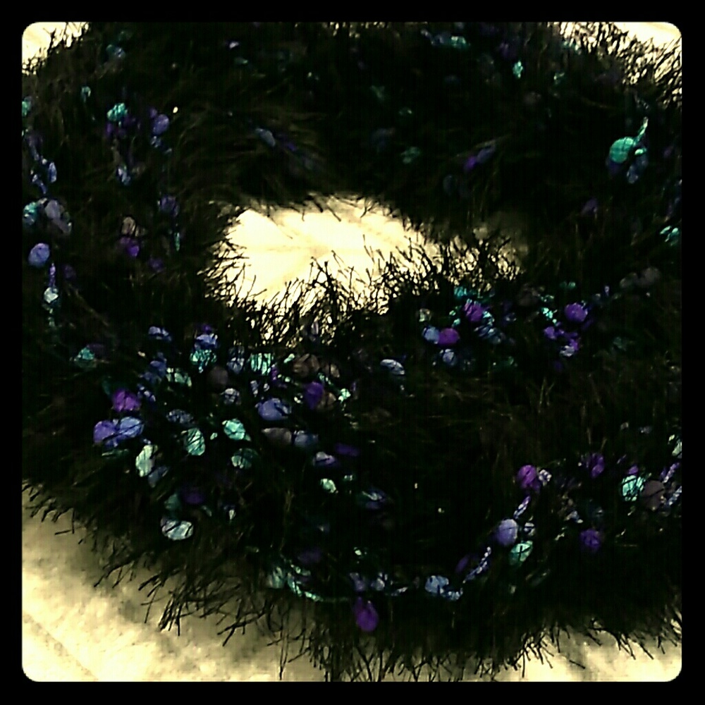 Black fluffy boa scarf with multicolor decorations